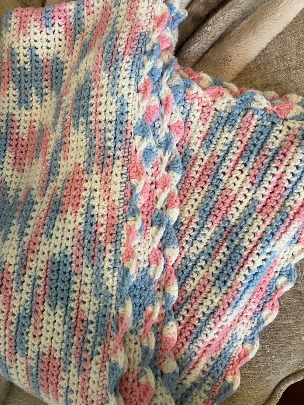 Handmade Pastel Crochet Throw Blanket - Pink, Blue & Cream